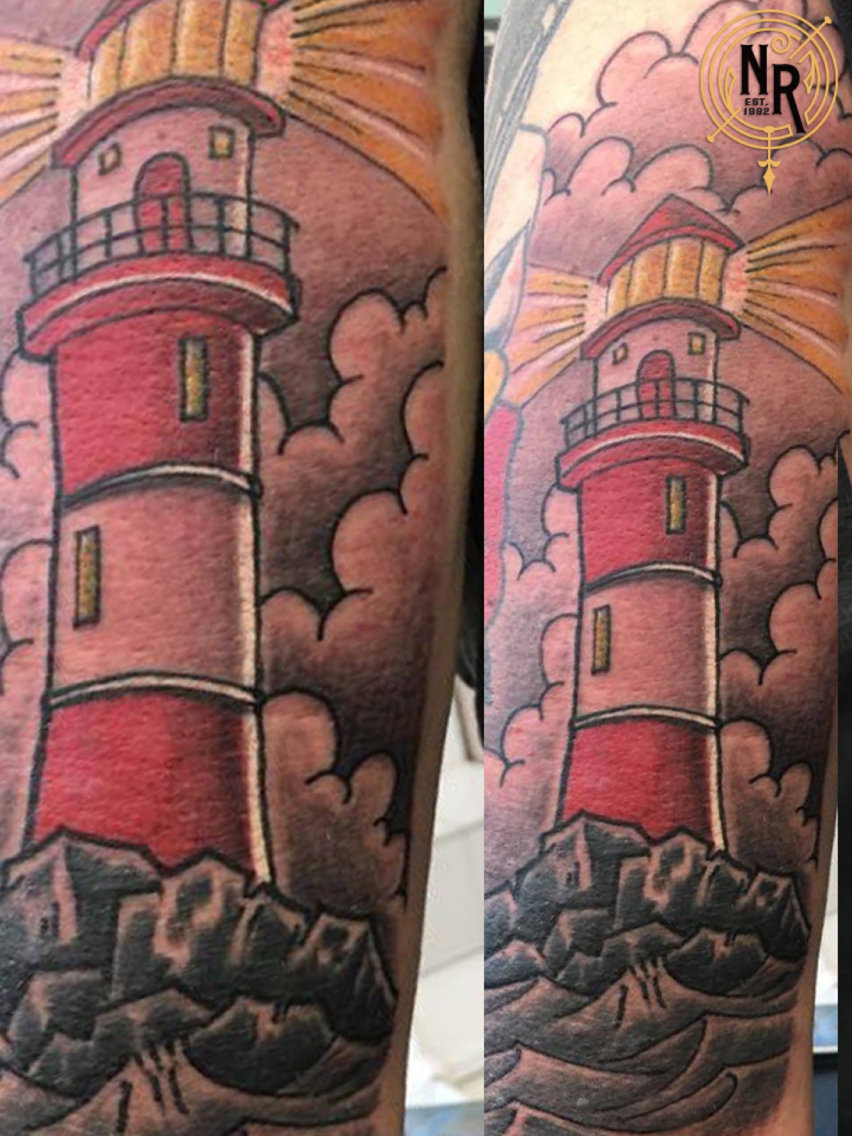 Colour lighthouse tattoo on forearm